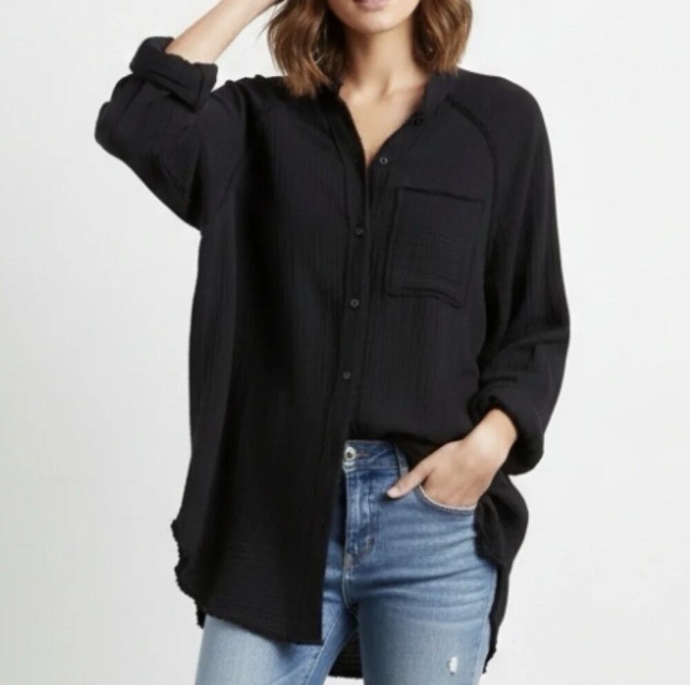 Aerie Y2K Gauze Button Up Shirt Black Oversized Relaxed Comfort Small A010628